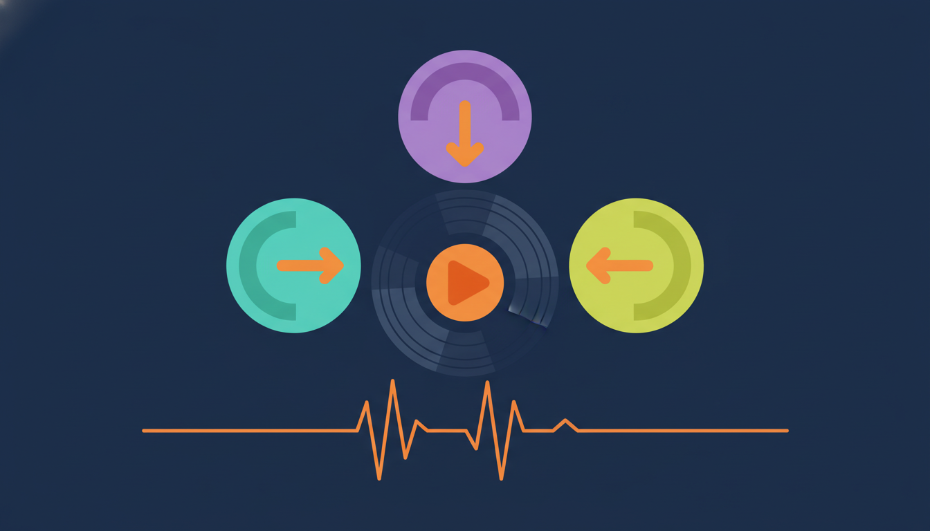 Three platform icons feeding into a central vinyl record with play-button overlay