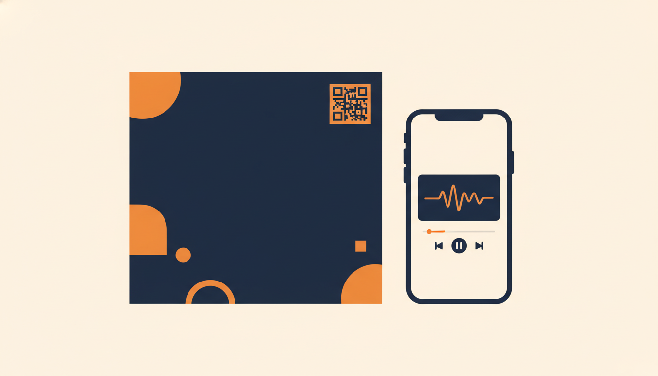 Vinyl record sleeve with a QR code stamp and a smartphone audio player