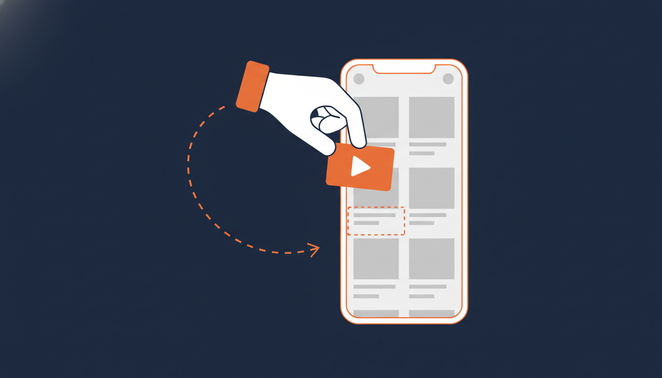 Hand cursor dragging a video play-button card into a product listing