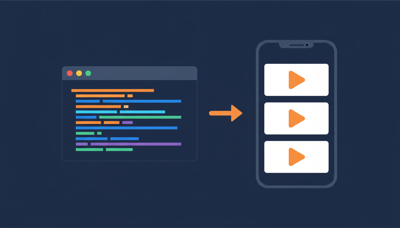 Code editor connected to a smartphone showing a play-button thumbnail