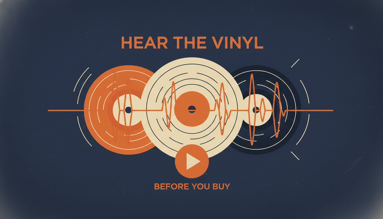 Dischi in vinile con sovrapposizione di forma d'onda audio e pulsante play — ascolta il vinile prima di acquistare