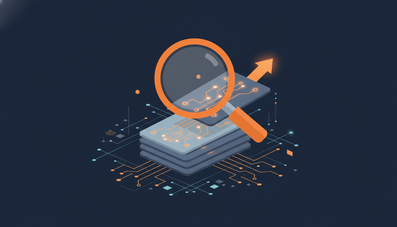 Magnifying glass over a stack of product cards with circuit-line traces