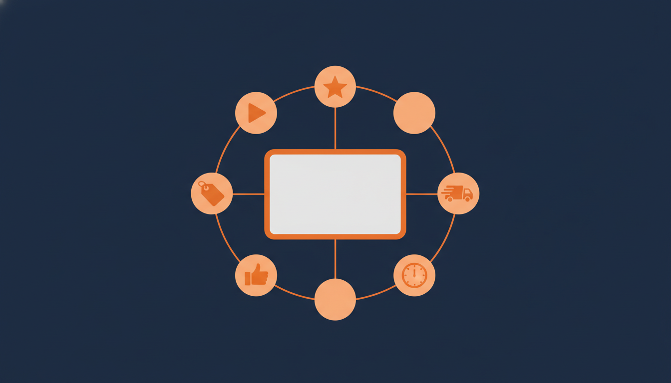 Central listing card surrounded by six orbiting ranking-factor icons