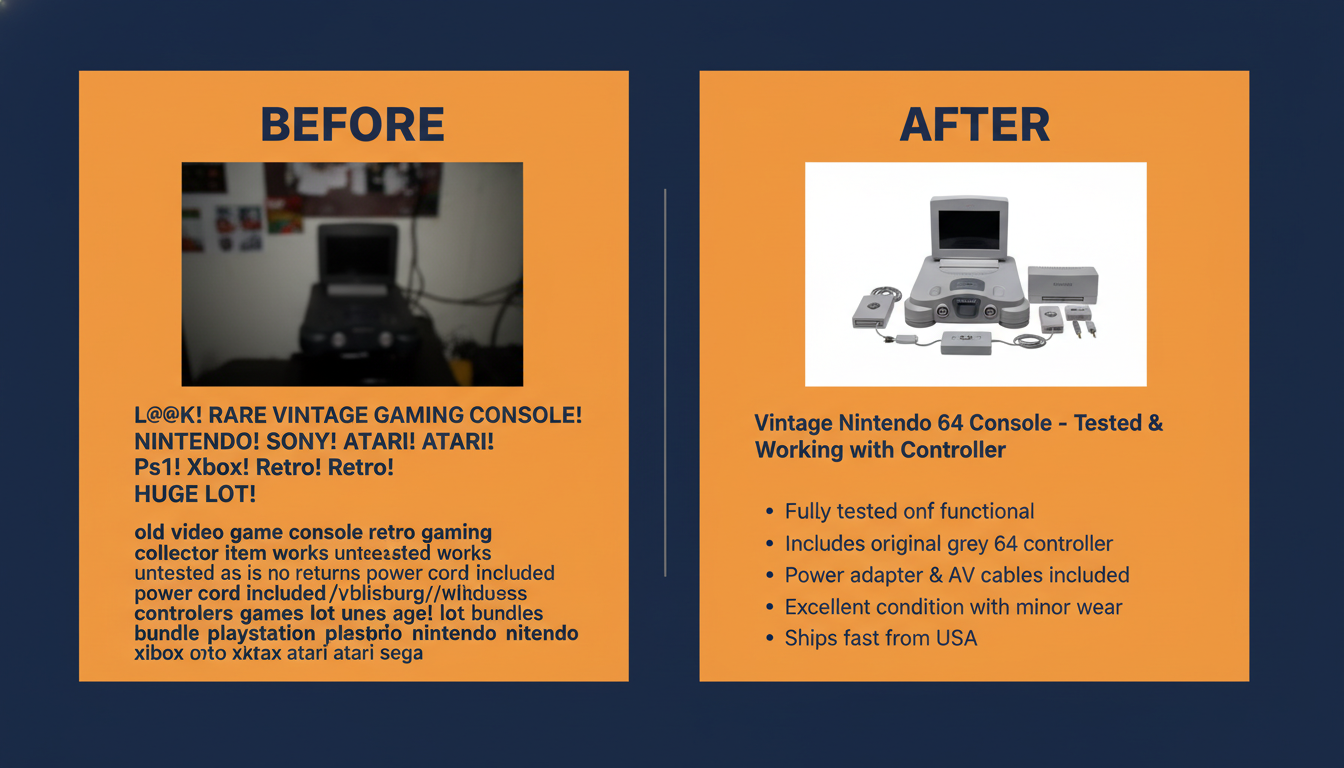 Vorher/Nachher-Vergleich eines eBay-Angebots mit schlechten Fotos und schlüsselwortgestopftem Titel vs. klaren Fotos und sauberem Titel