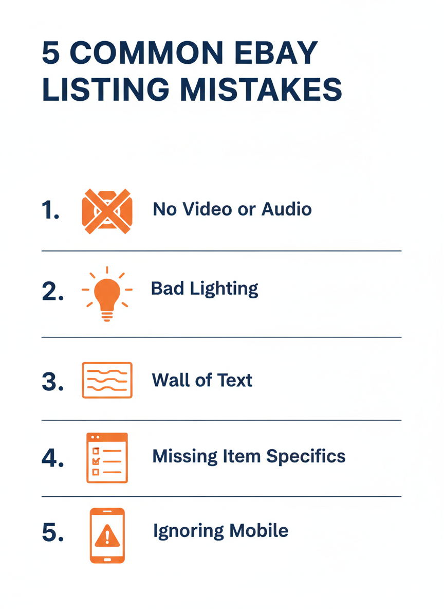 Infografik mit fünf häufigen eBay-Angebotsfehlern: kein Video, schlechte Beleuchtung, Textwand, fehlende Artikelmerkmale und mobiles Erlebnis ignorieren
