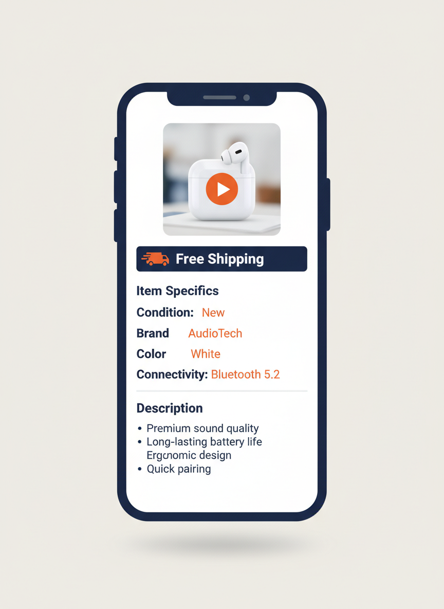 スマートフォン上で最適化されたeBay出品のイラスト——写真、動画サムネイル、完全な商品詳細