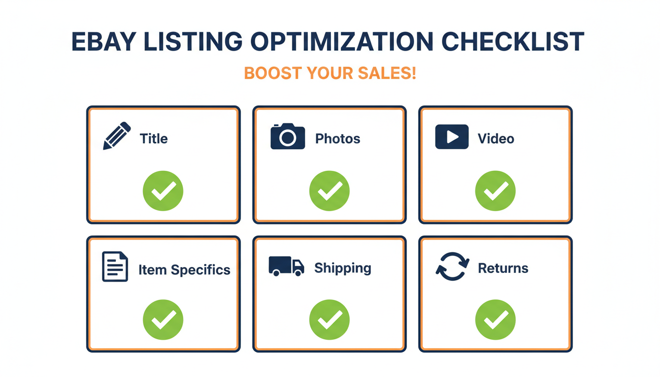 eBay出品最適化スコアカード——タイトル、写真、動画、商品詳細、配送、返品のチェックマーク