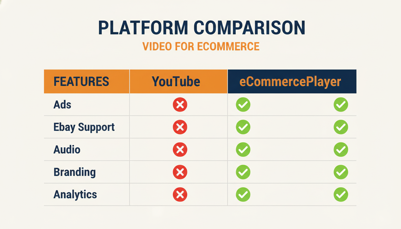 Vergleichs-Infografik der Funktionen: YouTube vs eCommercePlayer bei Werbung, eBay-Support, Audio, Branding und Analysen
