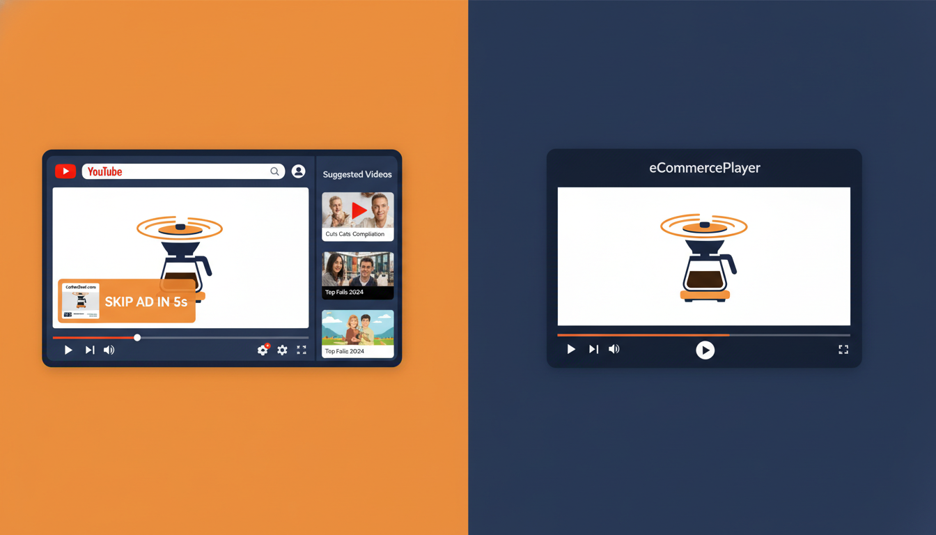 Vergleich des YouTube-Players mit Werbung und vorgeschlagenen Videos versus einem sauberen eCommercePlayer ohne Ablenkungen