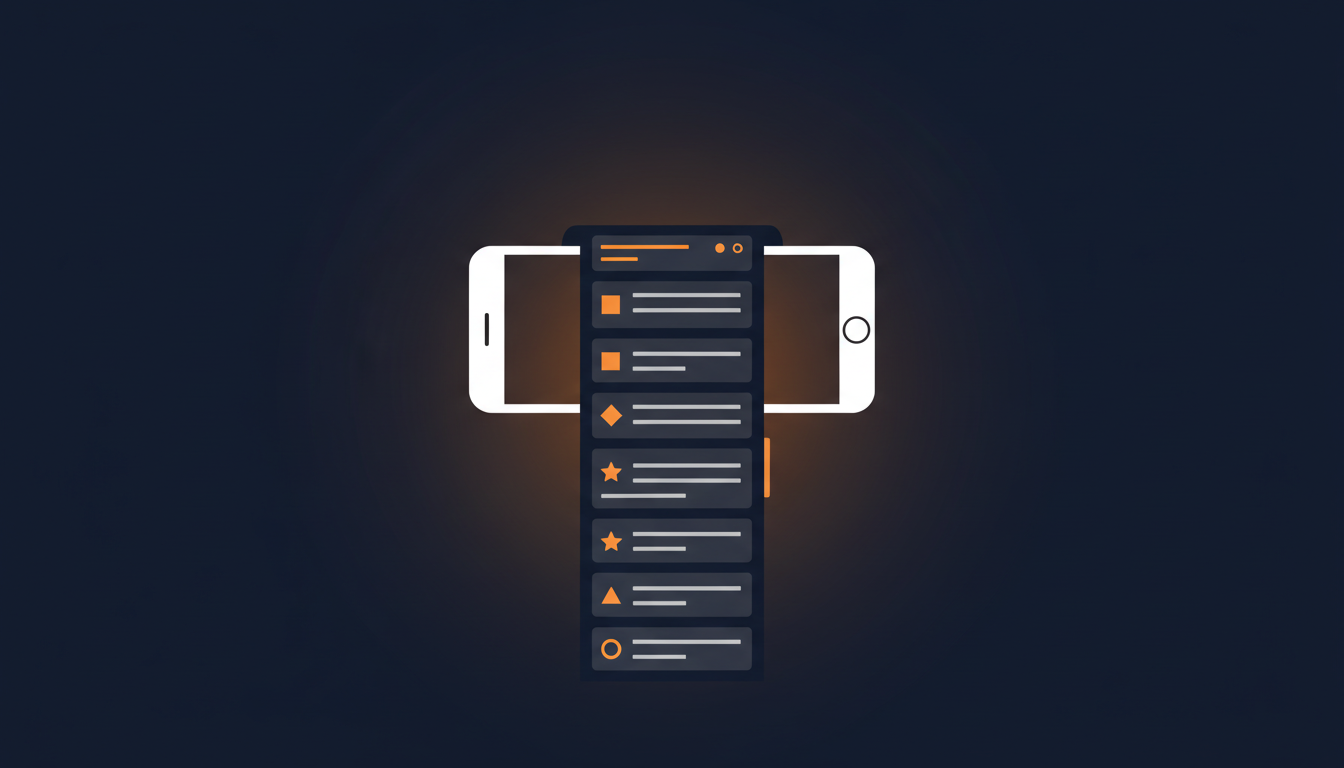 Phone-shaped silhouette with a long scrollable listing made of stacked content blocks