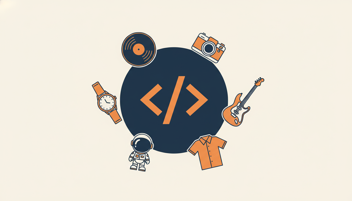 Six product-category icons floating around an HTML angle-bracket symbol