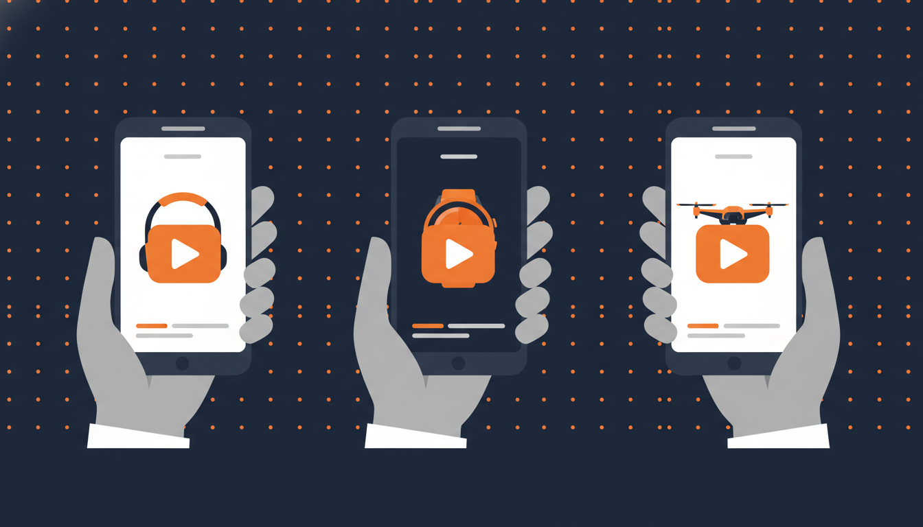 Three smartphones held by different hand silhouettes showing product cards with play buttons