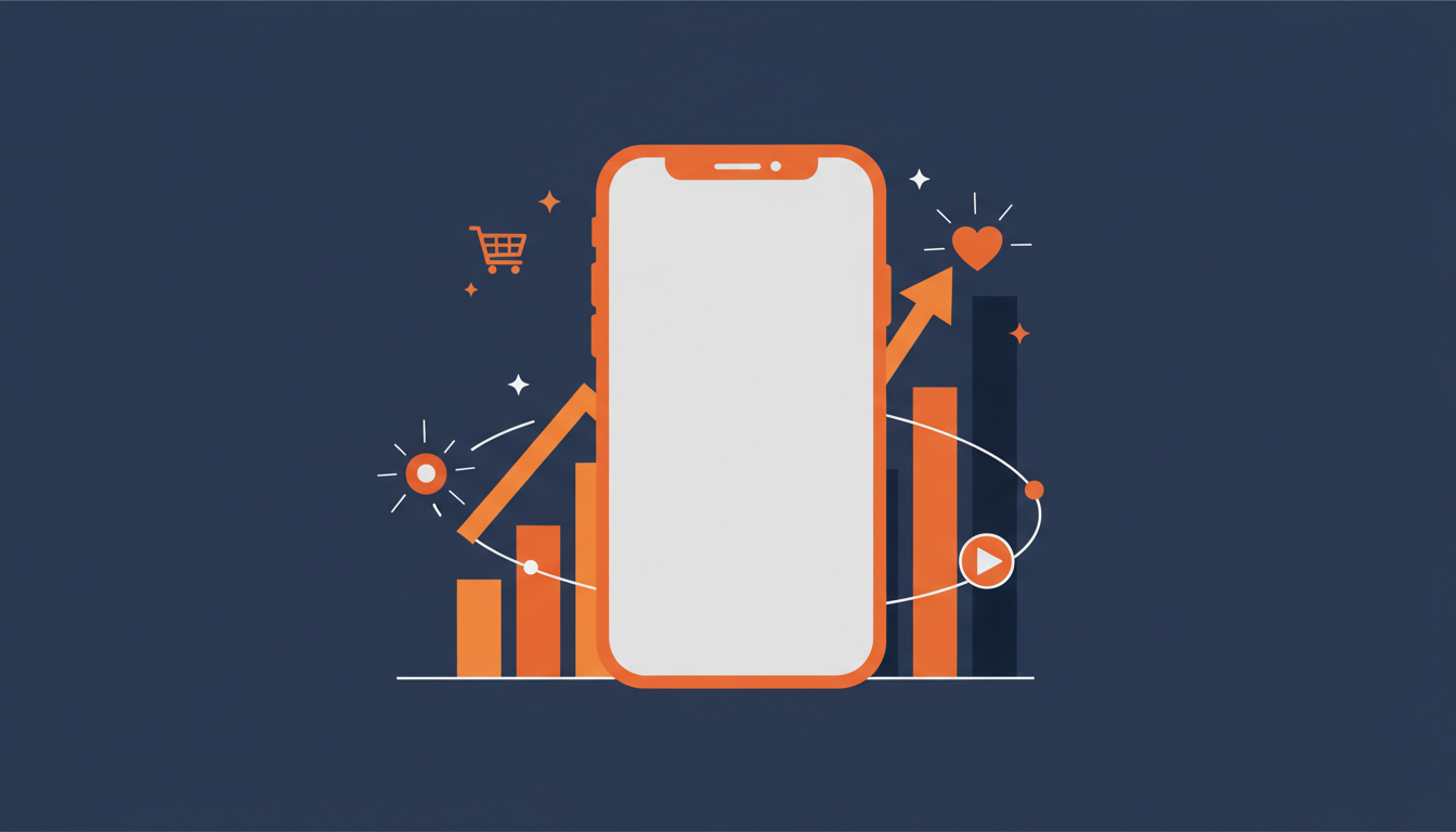 Smartphone with rising chart bars and orbiting commerce icons