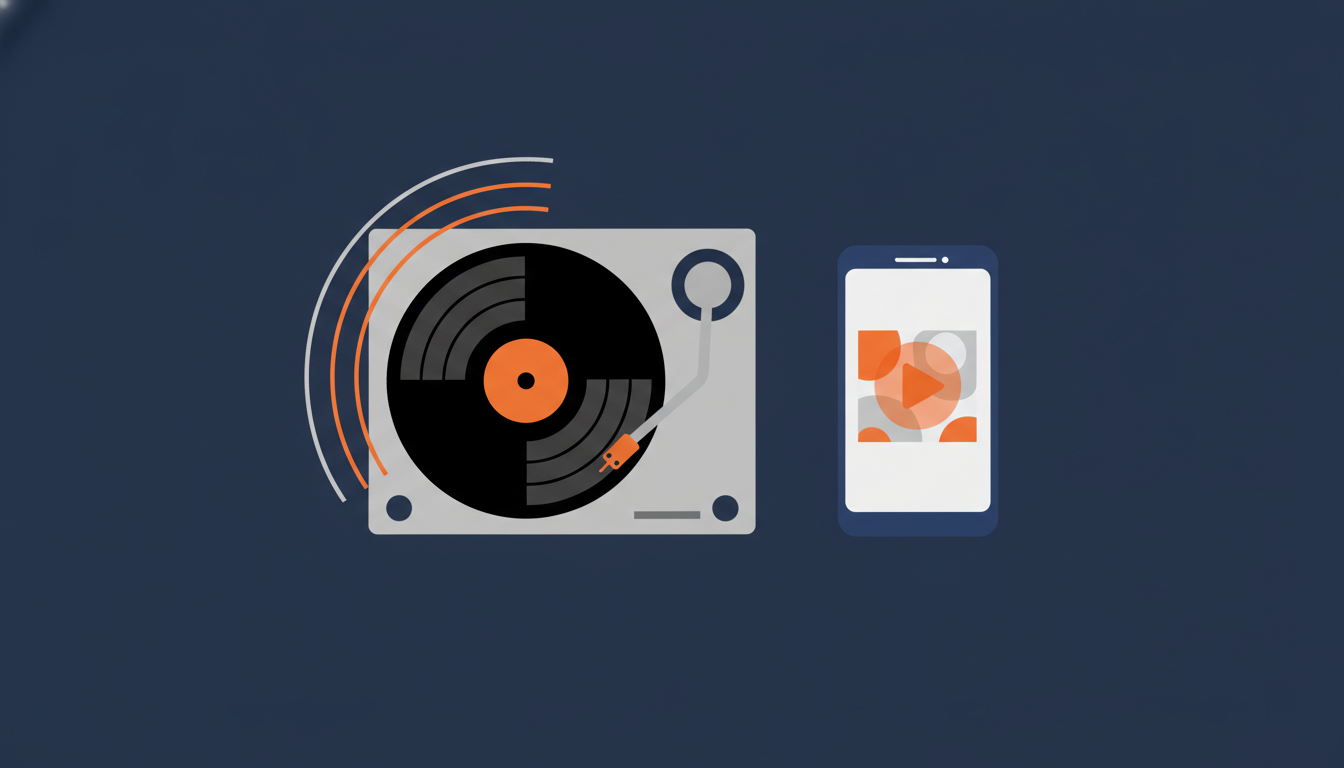 Vinyl record on a turntable beside a smartphone showing an audio preview