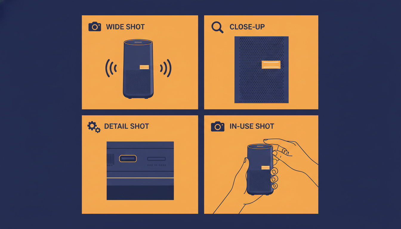 Visueller Leitfaden mit vier optimalen Produktvideowinkeln: Weitwinkelaufnahme, Nahaufnahme, Detailaufnahme und Aufnahme in Verwendung