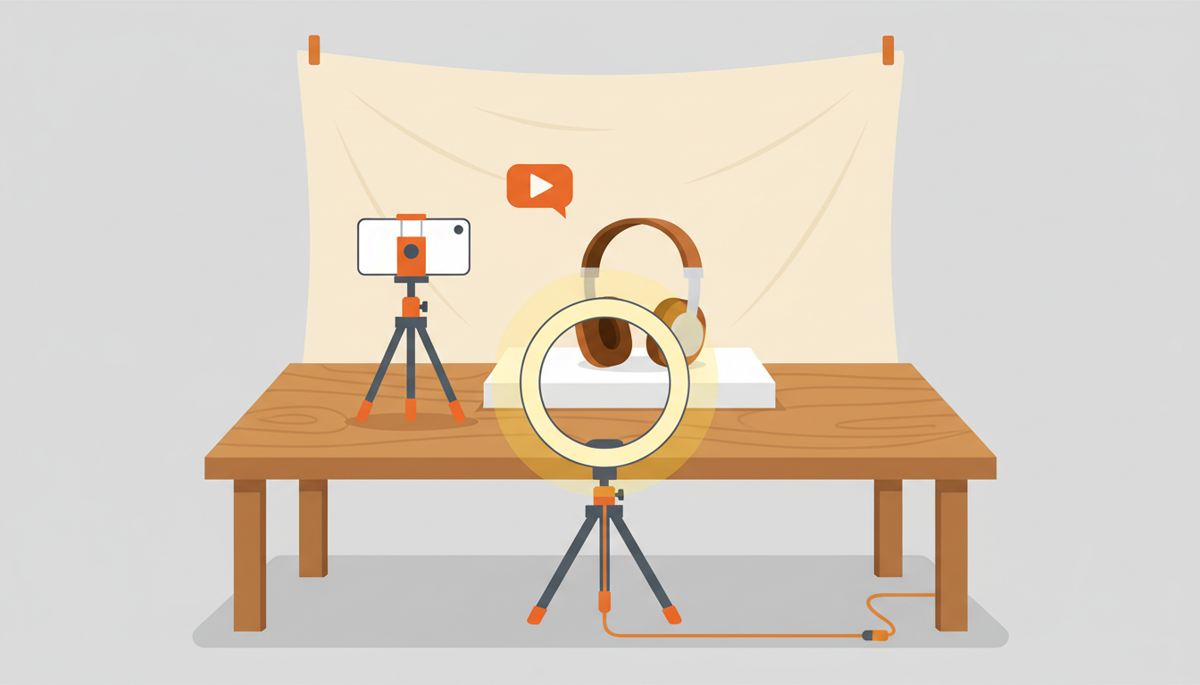 Illustration eines einfachen Heimstudios für Produktvideos mit Smartphone auf Stativ, Ringlicht und sauberem Hintergrund