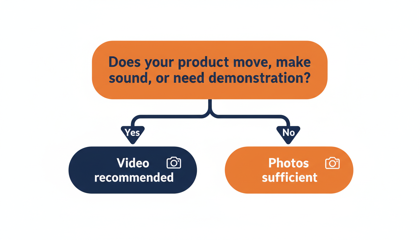 Diagramma di flusso decisionale: Il tuo prodotto si muove, fa rumore o necessita di dimostrazione? Sì porta a Video, No porta a Foto sufficienti