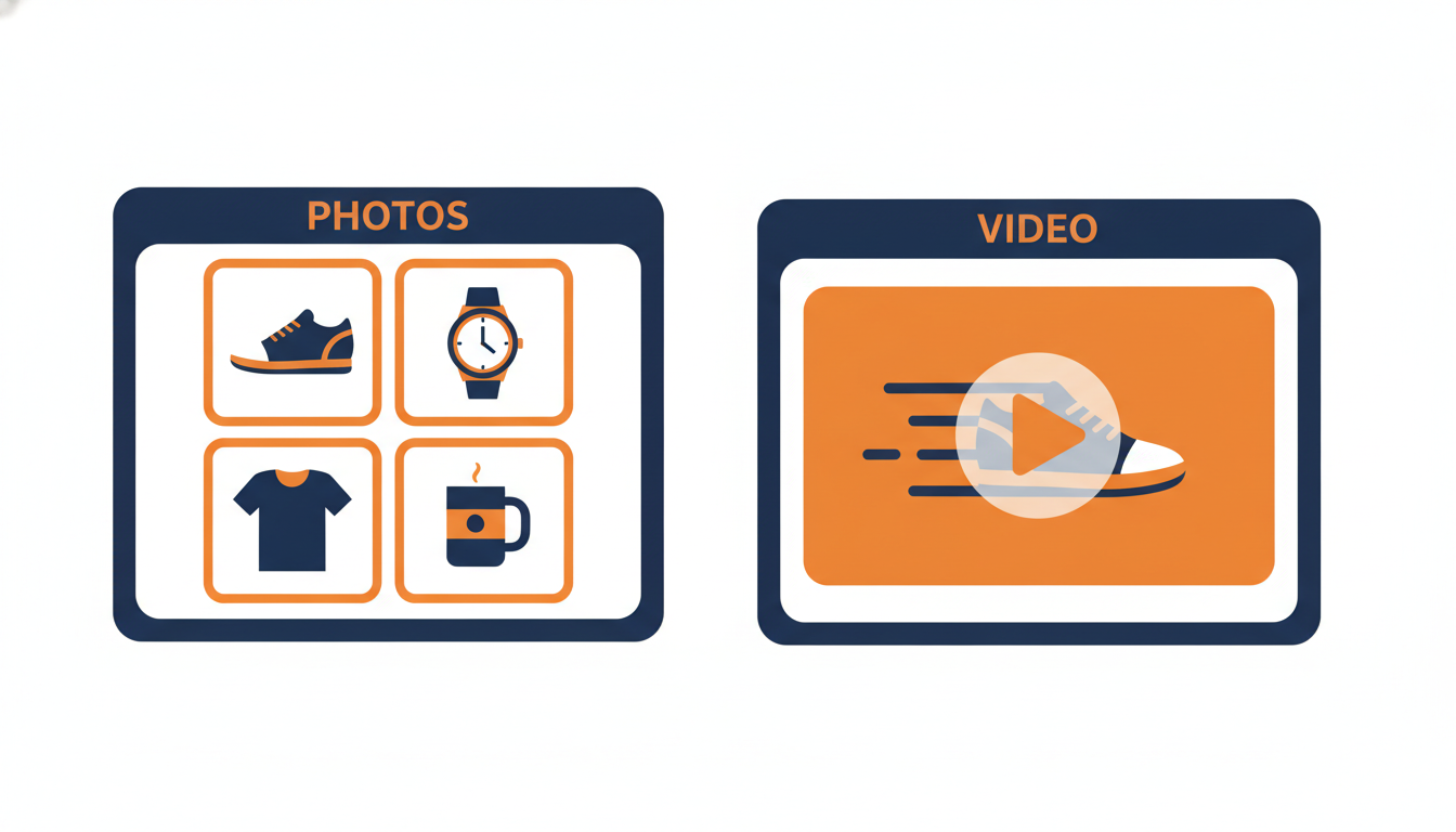 Confronto a schermo diviso che mostra foto statiche di prodotti a sinistra rispetto a un player video in riproduzione a destra