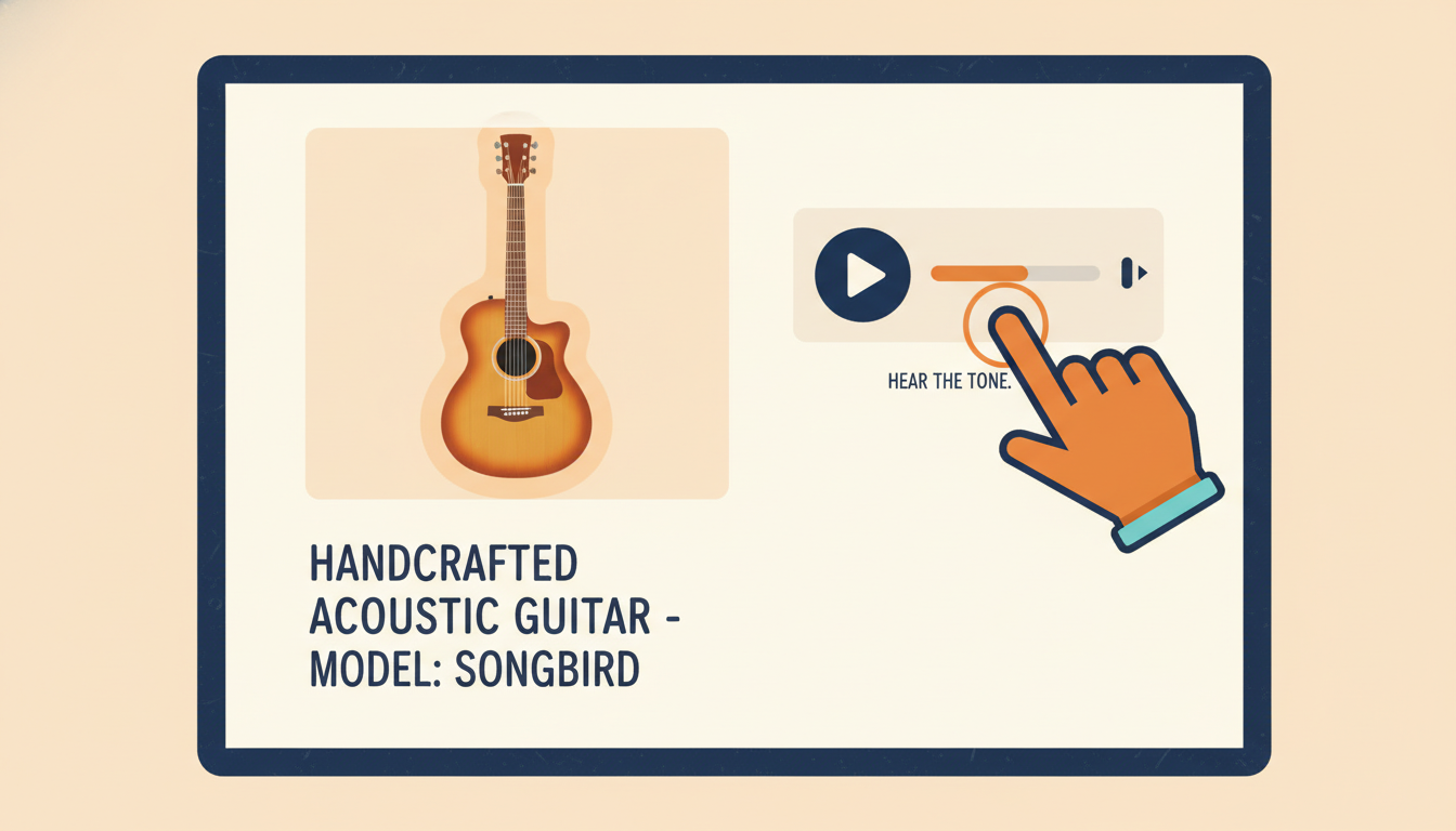 Eine Gitarren-Produktanzeige mit eingebettetem Audioplayer — Käufer klickt auf Play, um den Ton des Instruments zu hören