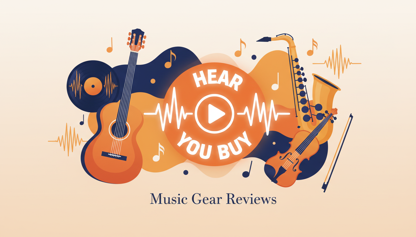 Musikinstrumente rund um eine Audio-Wellenform und einen Play-Button — Gitarre, Geige, Saxophon und Schallplatte