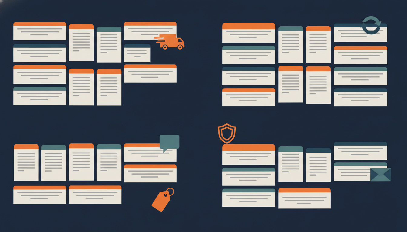 Organized index-card library representing reusable seller text snippets