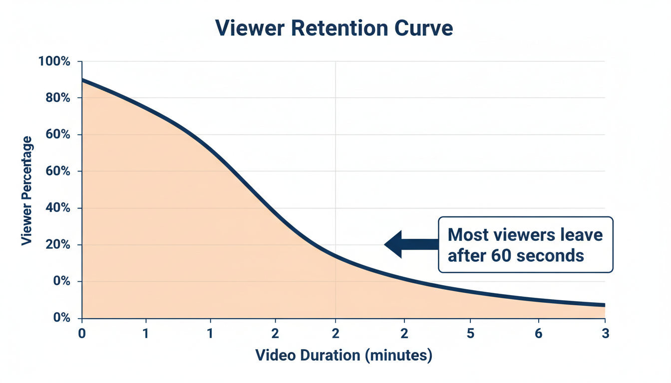Curva di retention degli spettatori che mostra un calo brusco dopo 60 secondi, con annotazione che la maggior parte degli spettatori se ne va entro un minuto
