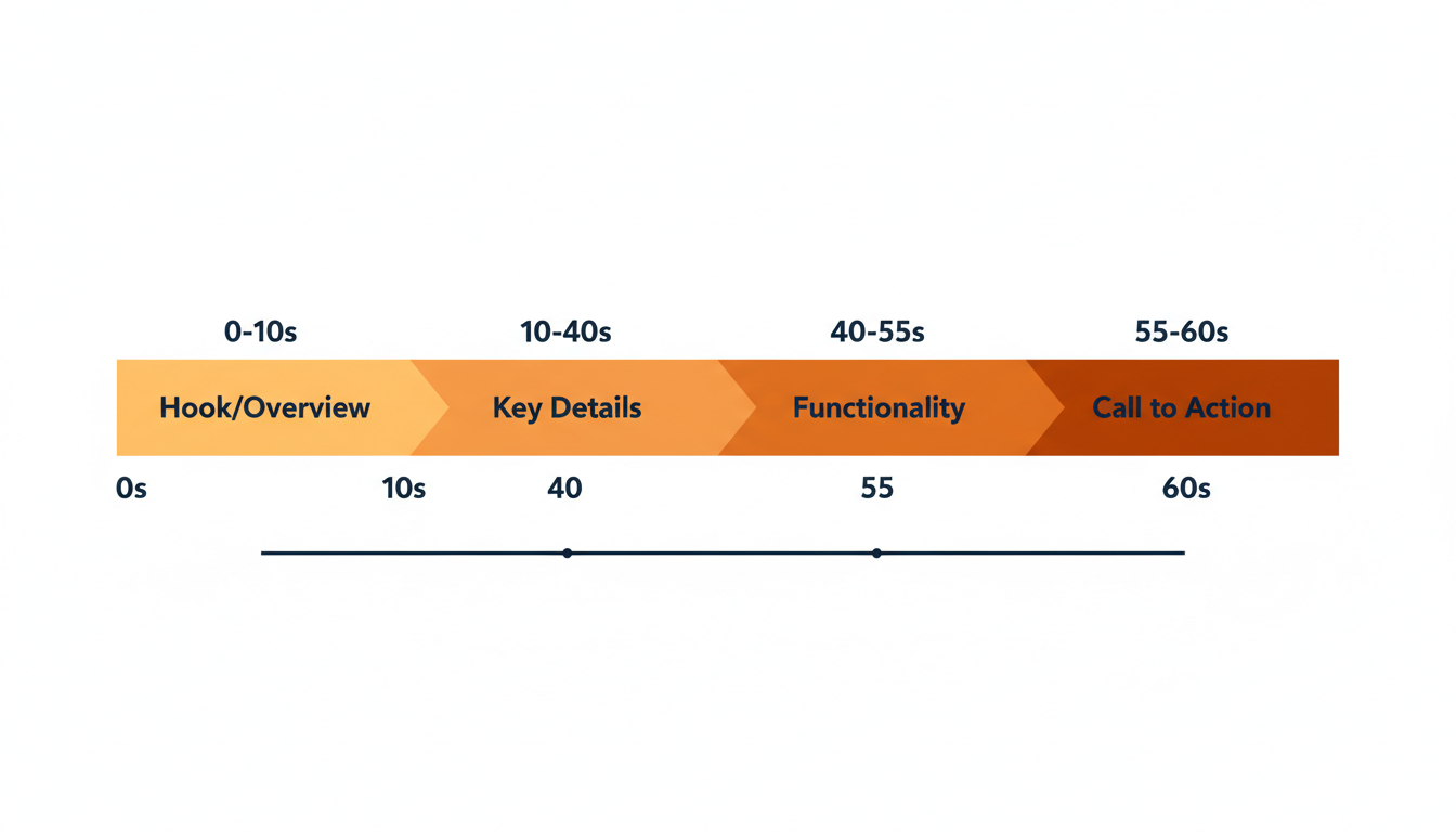 Infografica con la sequenza temporale che mostra la struttura del video di prodotto da 60 secondi: hook e panoramica, dettagli chiave, funzionalità, invito all'azione