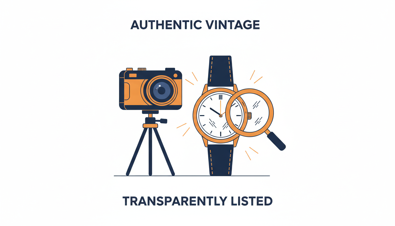 Illustrazione di un articolo vintage filmato con una telecamera su treppiede, che mostra i dettagli del prodotto e i segni di usura