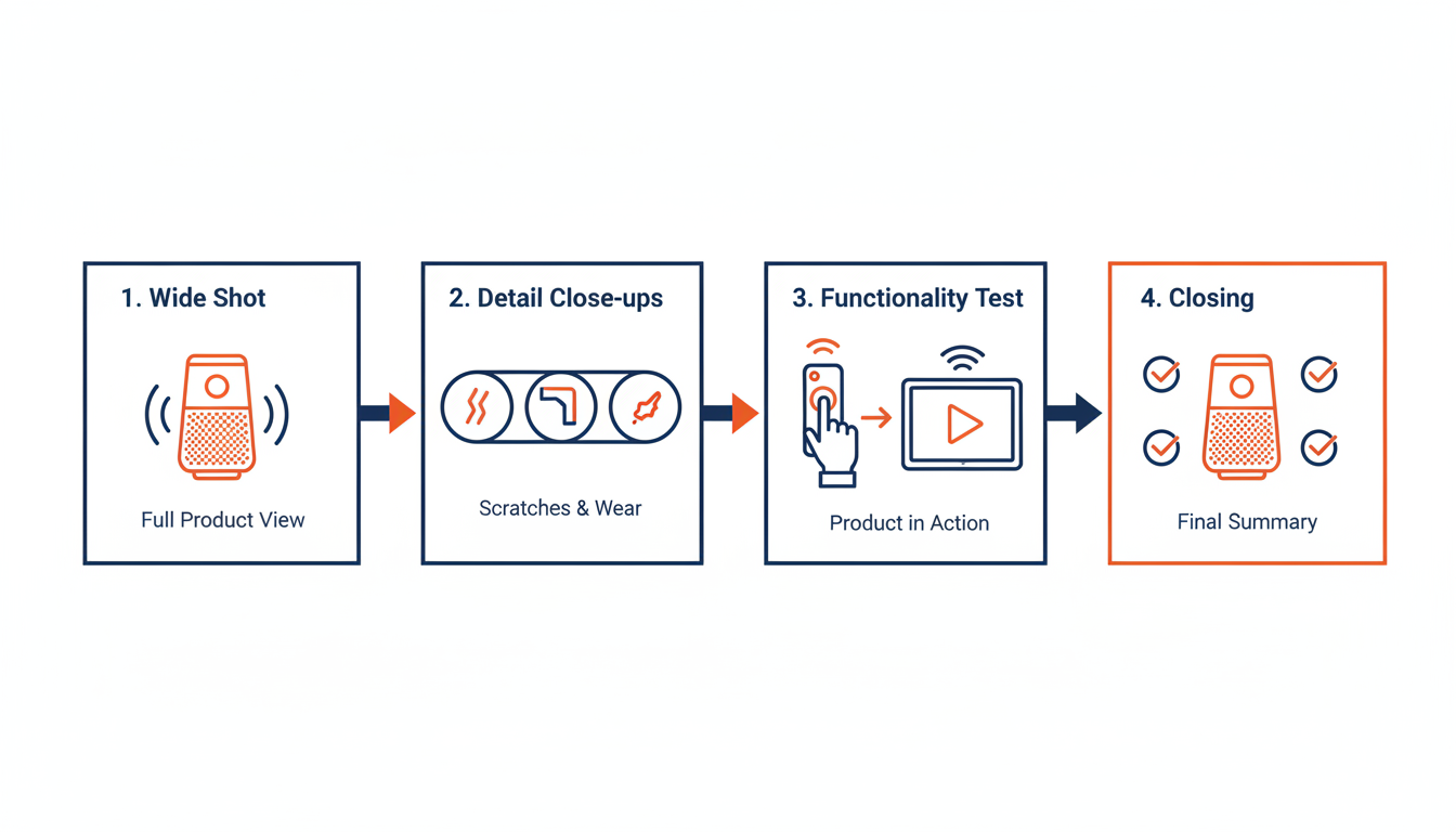 Storyboard del video delle condizioni: ripresa larga, primi piani dei dettagli, test di funzionalità e ripresa di chiusura in una cronologia orizzontale