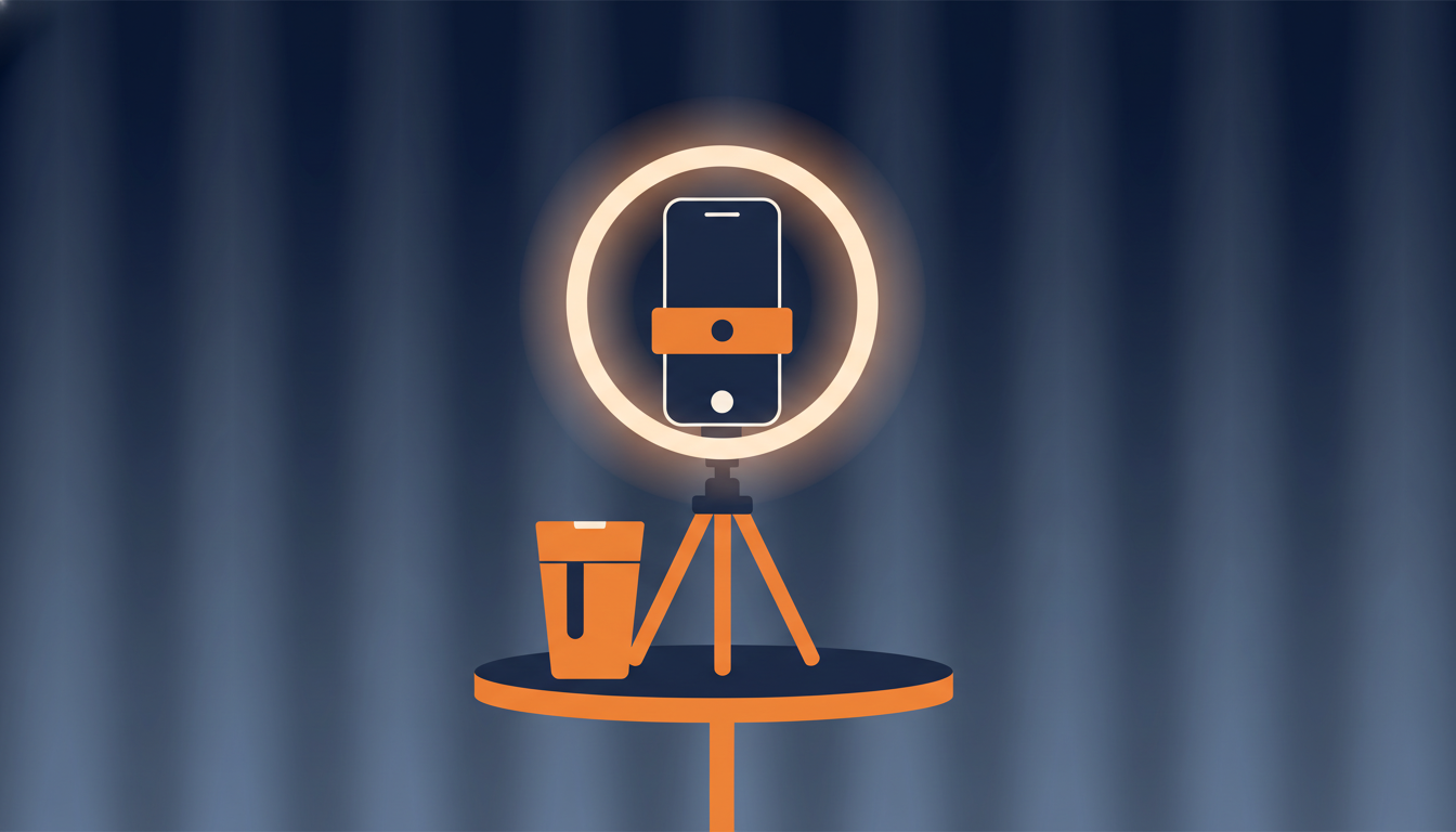 Smartphone on a tripod filming a tabletop product with ring light glow
