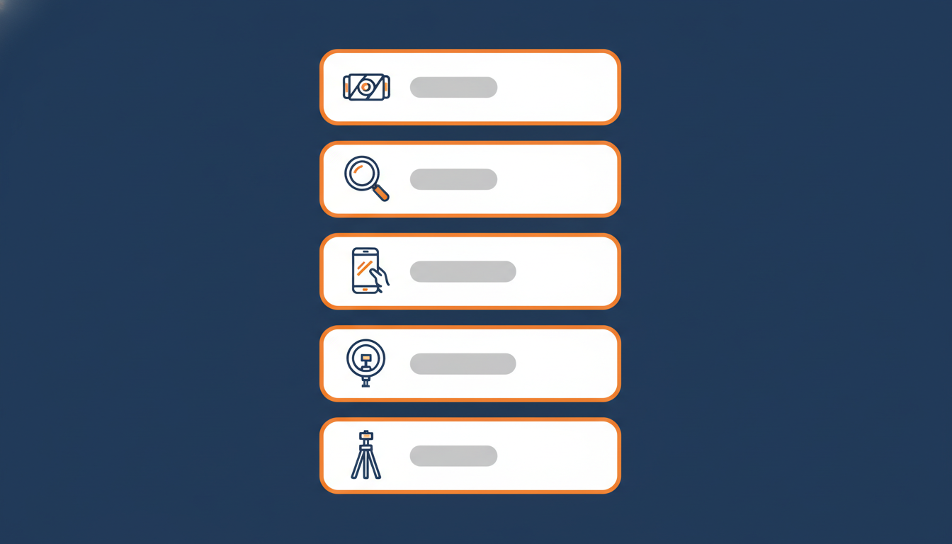 Vertical checklist of five filming-setup tiles