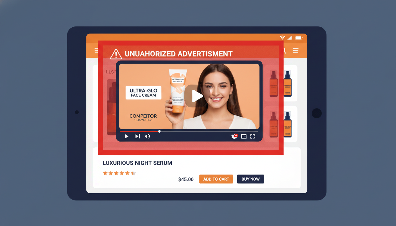 Un player YouTube su un'inserzione di prodotto che mostra l'annuncio di un concorrente in riproduzione prima del video prodotto del venditore