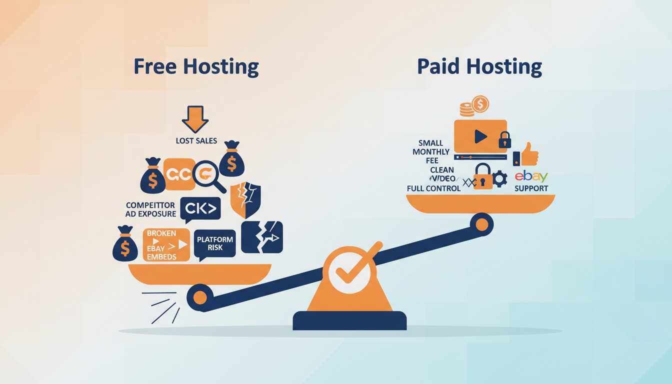Bilancia che confronta i costi nascosti dell'hosting gratuito rispetto al valore diretto dell'hosting a pagamento