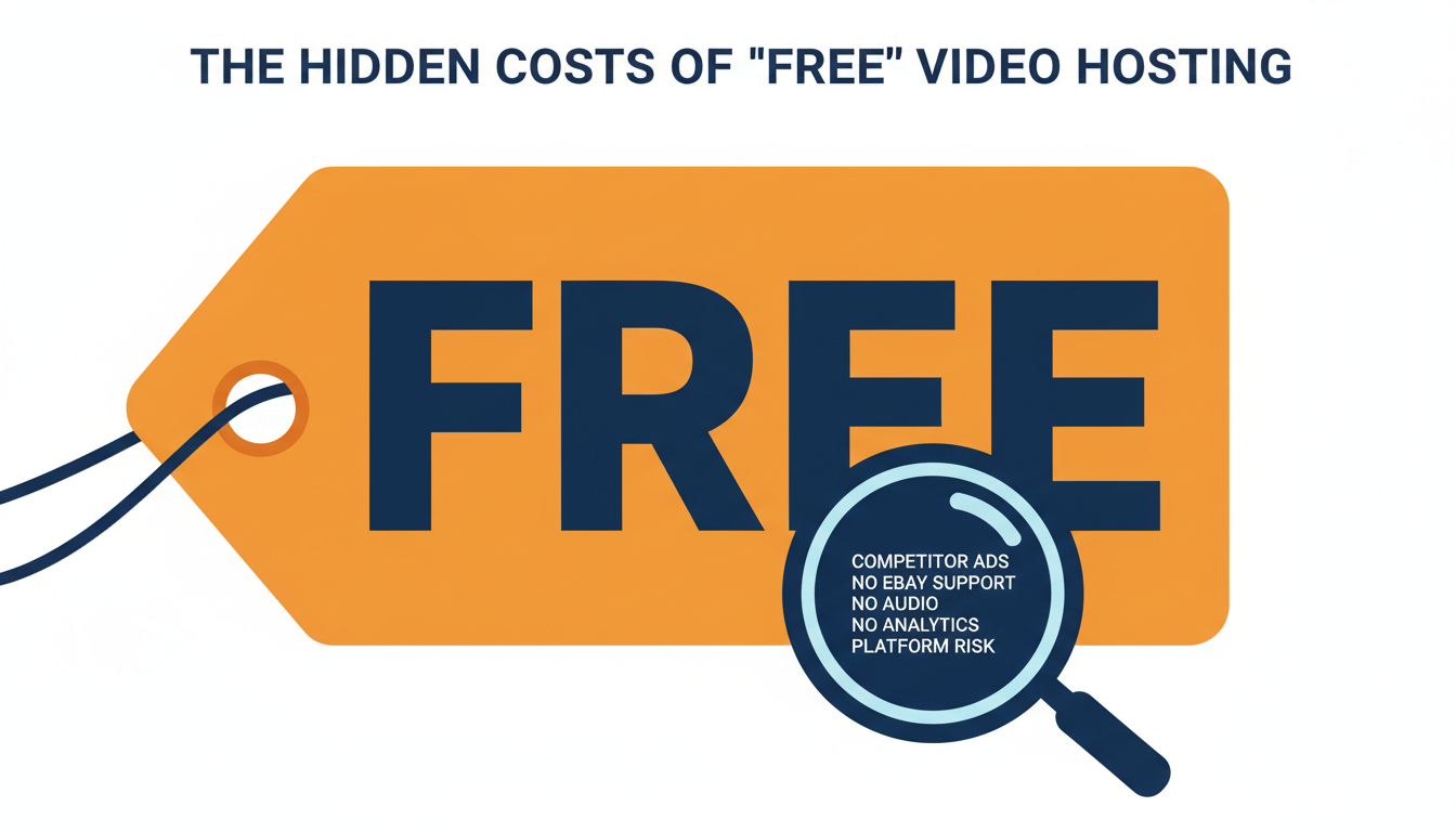 Eine Lupe enthüllt die versteckten Kosten hinter einem KOSTENLOSEN Preisschild — Konkurrenzanzeigen, kein eBay-Support, kein Audio, keine Analytics