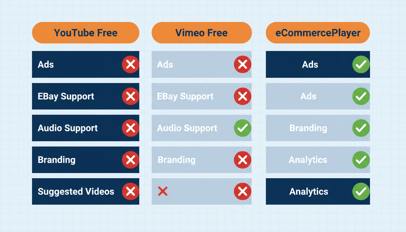 Dreispaltige Vergleichstabelle von YouTube kostenlos, Vimeo kostenlos und eCommercePlayer für wichtige E-Commerce-Funktionen