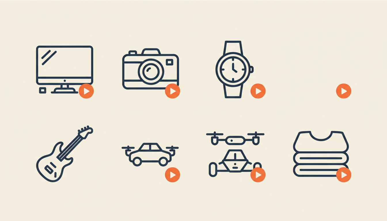 Six product categories with a play-button overlay