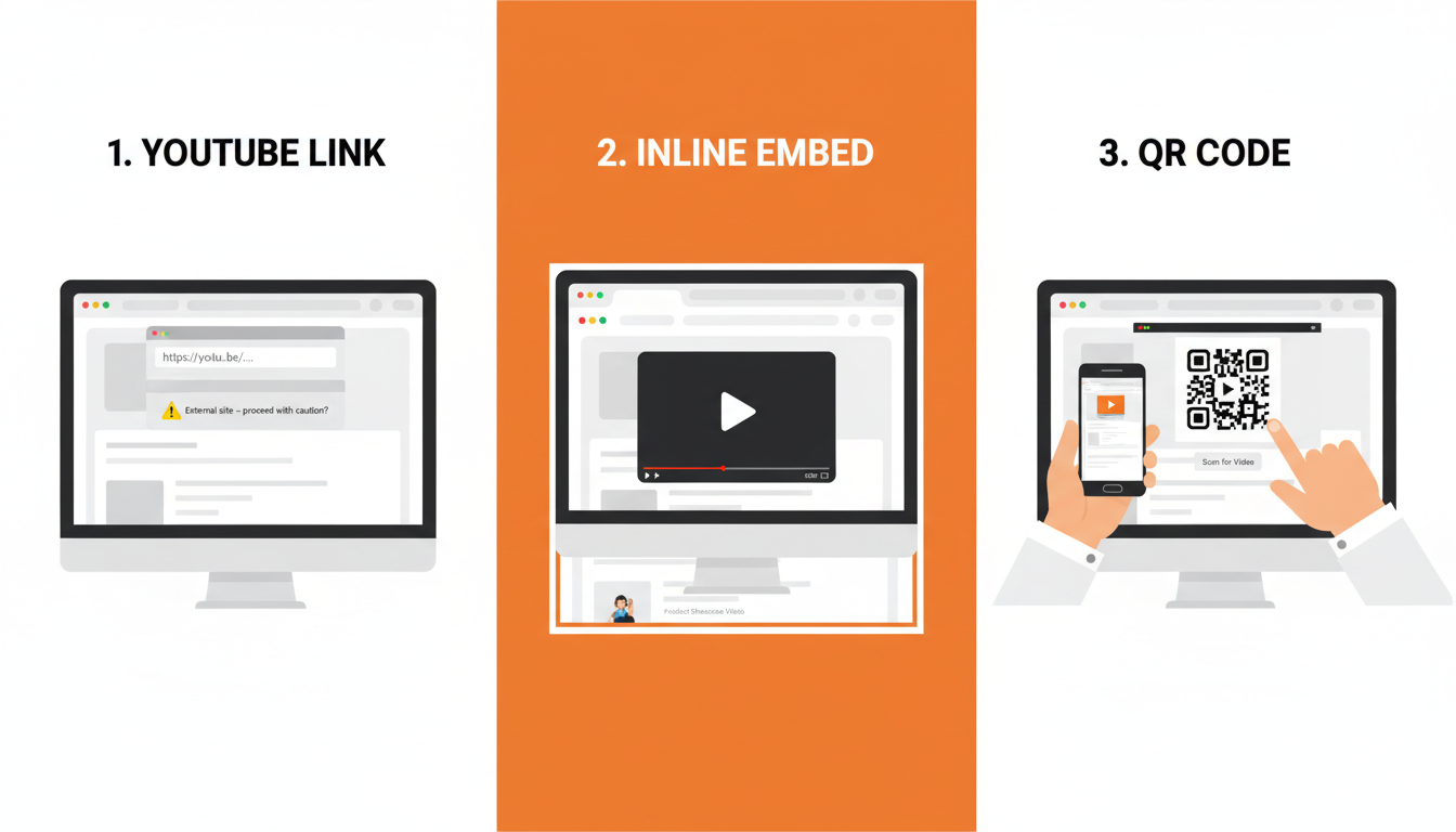 Three ways to add video to a listing: plain link, embed player, QR code