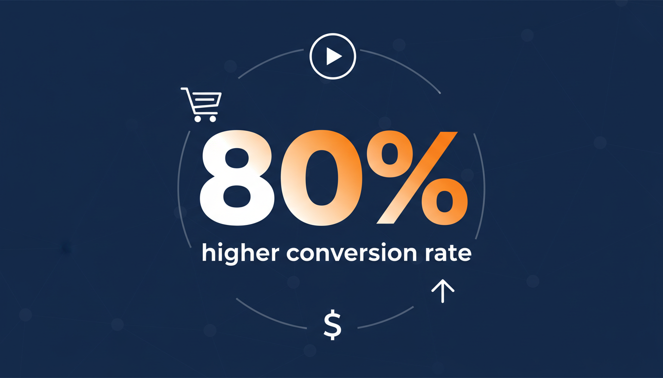 Grafico con statistica in grassetto che mostra un tasso di conversione piu alto dell'80% con il video prodotto, circondato da icone e-commerce