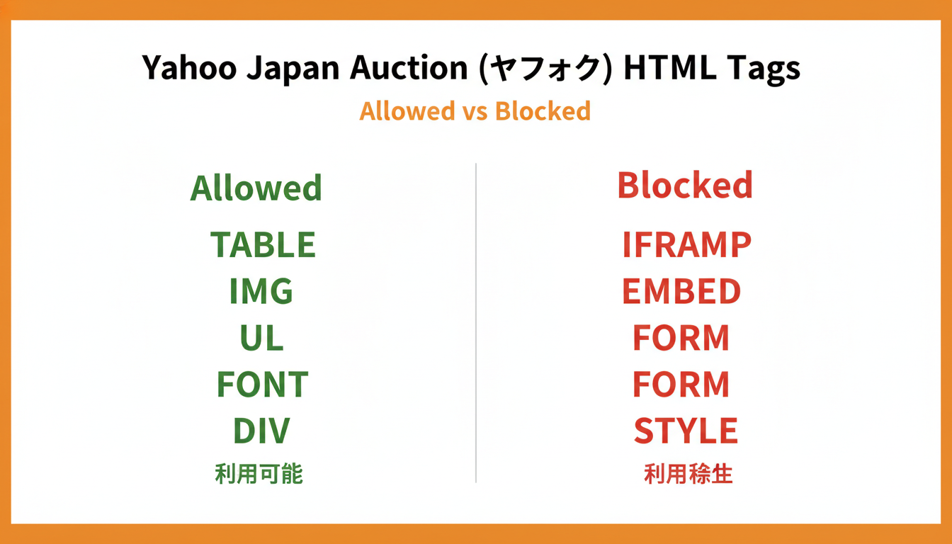 HTML tags allowed vs blocked on Yahoo Auctions Japan