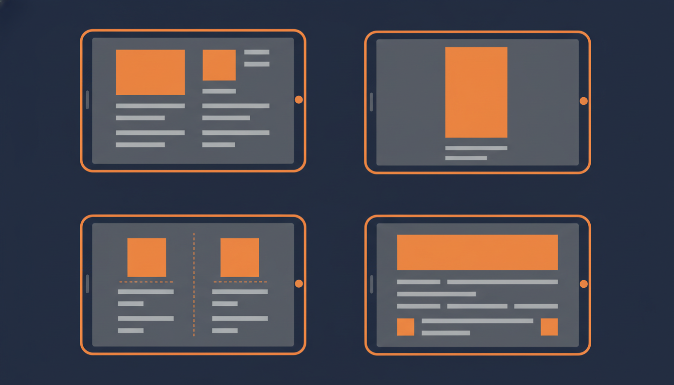 Four tablet mockups showing different listing layout structures