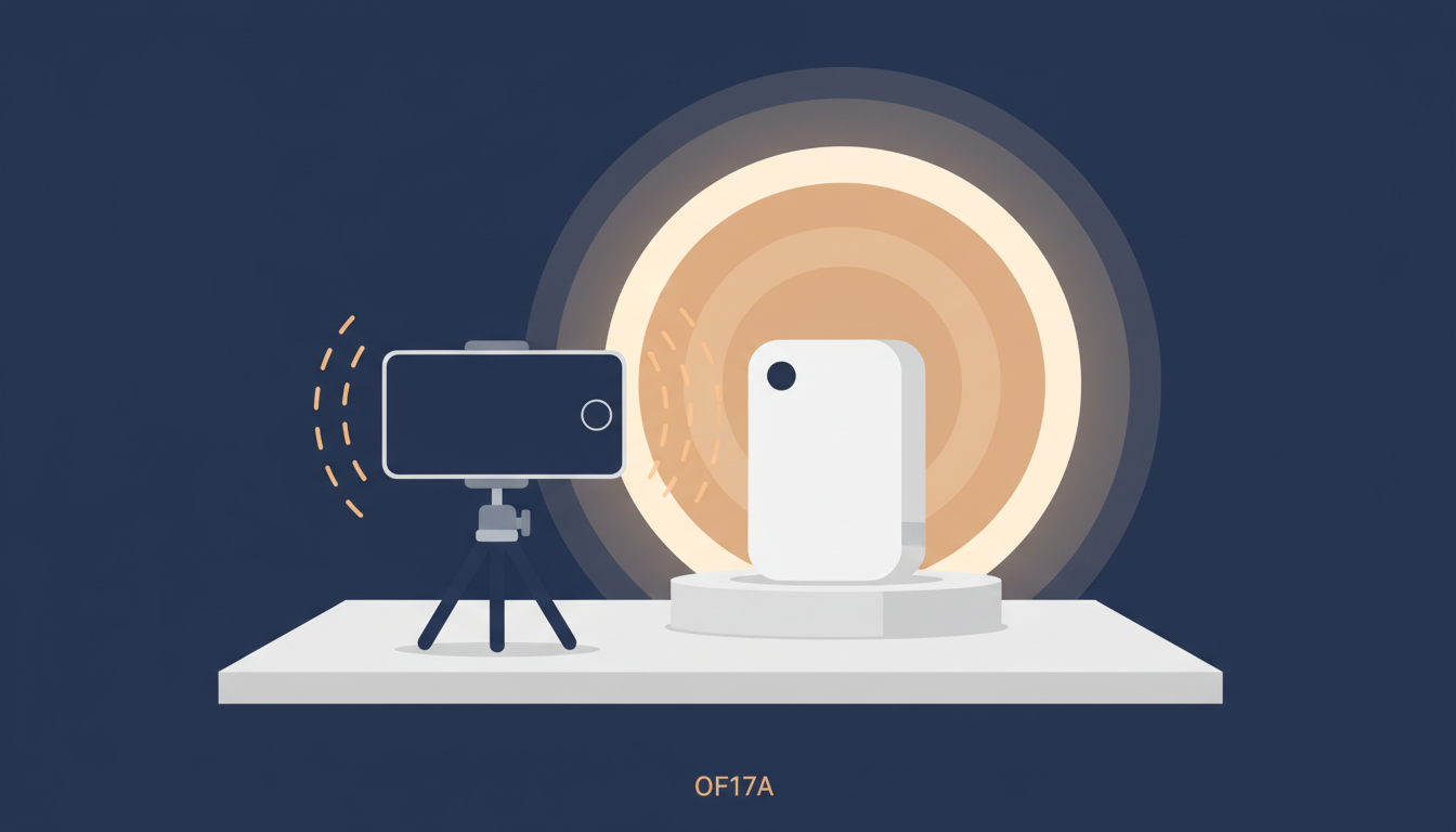 Smartphone on a tripod filming a product on a tabletop with ring light